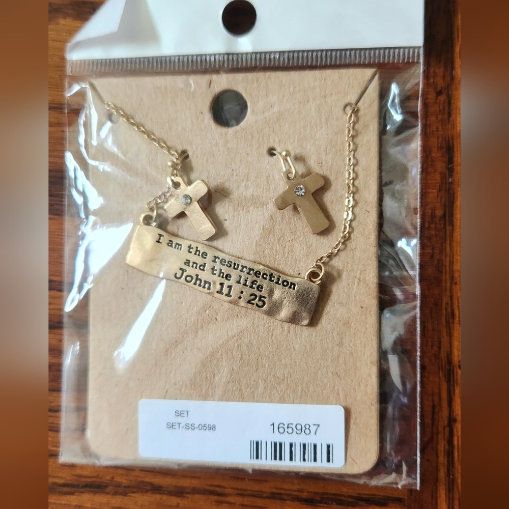 Religious Bar Necklace Earring Gold Cross Women